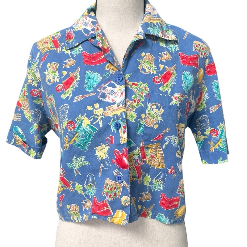 Vintage Cropped Garden Print Cotton Shirt Button Up Petite